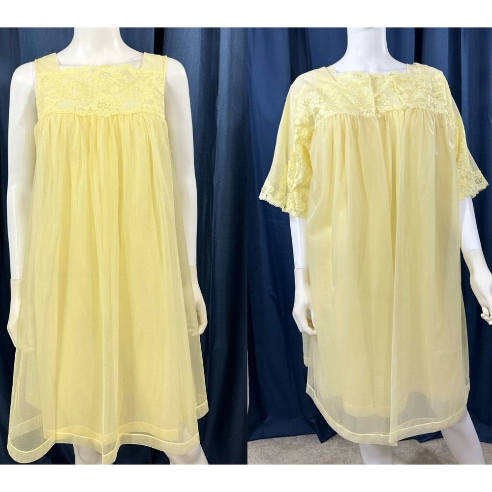 Vtg Yellow Peignoir Lace Double chiffon Henson Kickernick gown & Robe 34” Bust S